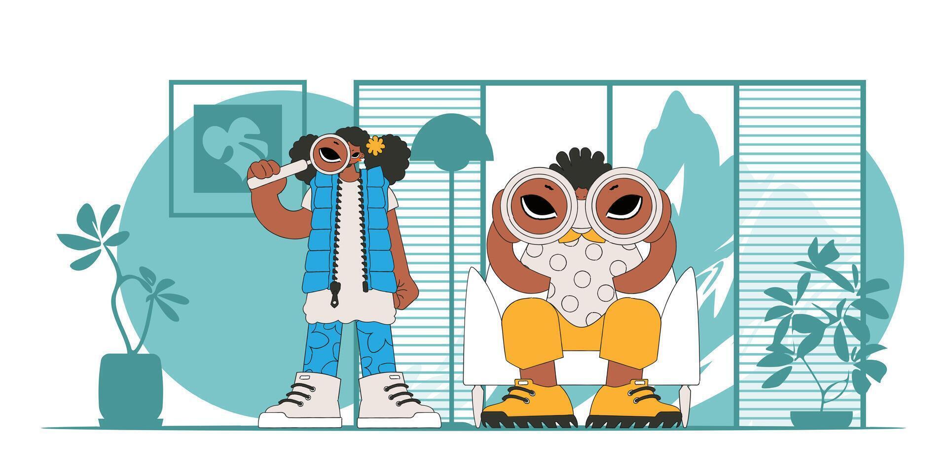 Young HR team holding binoculars and magnifier. Good for job postings and flyers. vector