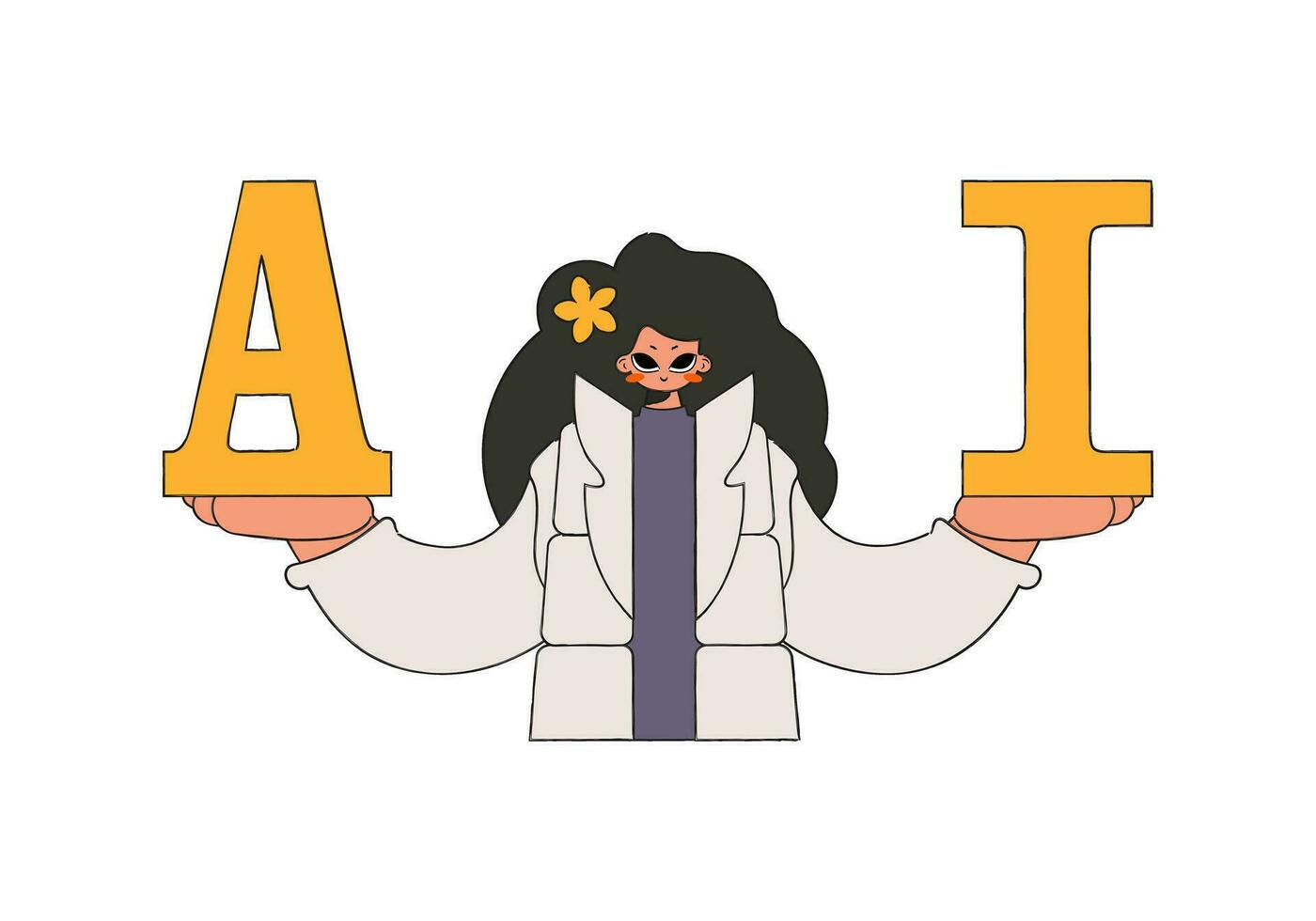 Vector illustration featuring a woman holding the letters 'A' and 'I', signifying Artificial Intelligence.