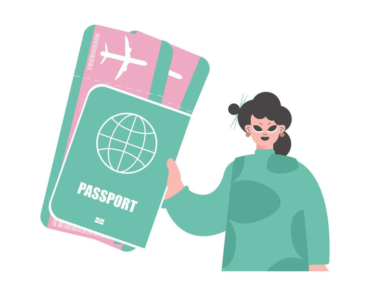 Travel of Dreams. Youthful woman with Worldwide id and Carrier Tickets. vector