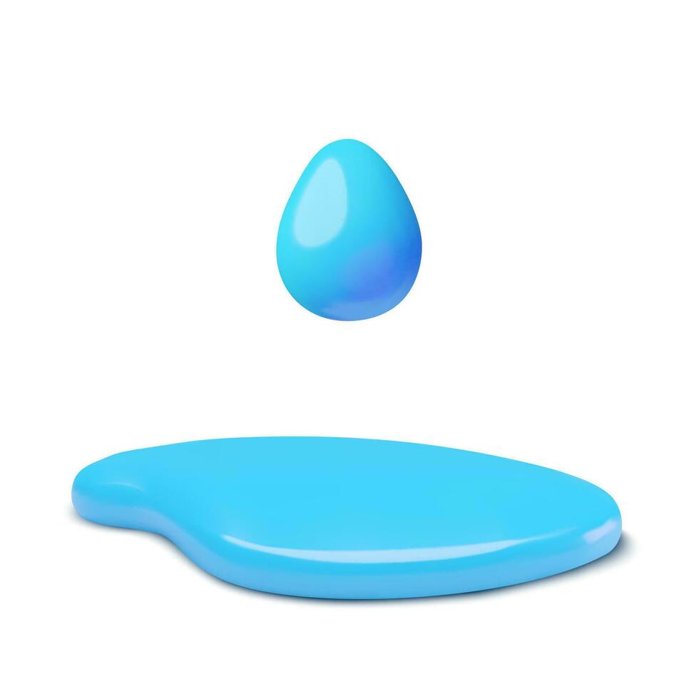 3D water drop and spill. Blue wet puddle with dripping liquid. Three dimensional vector design elements on white background.
