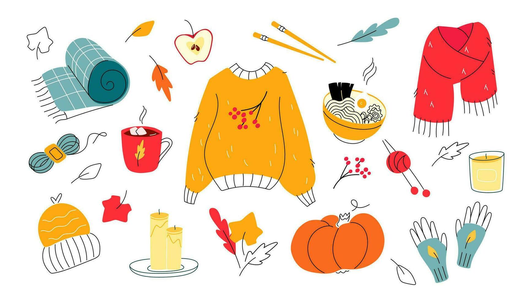 Autumn warm clothes and cozy home objects set on white background. Modern colorful flat style with doodle hand drawn elements. Sweater, scarf, gloves, blanket, hot, chocolate, noodle, soup, candles. vector