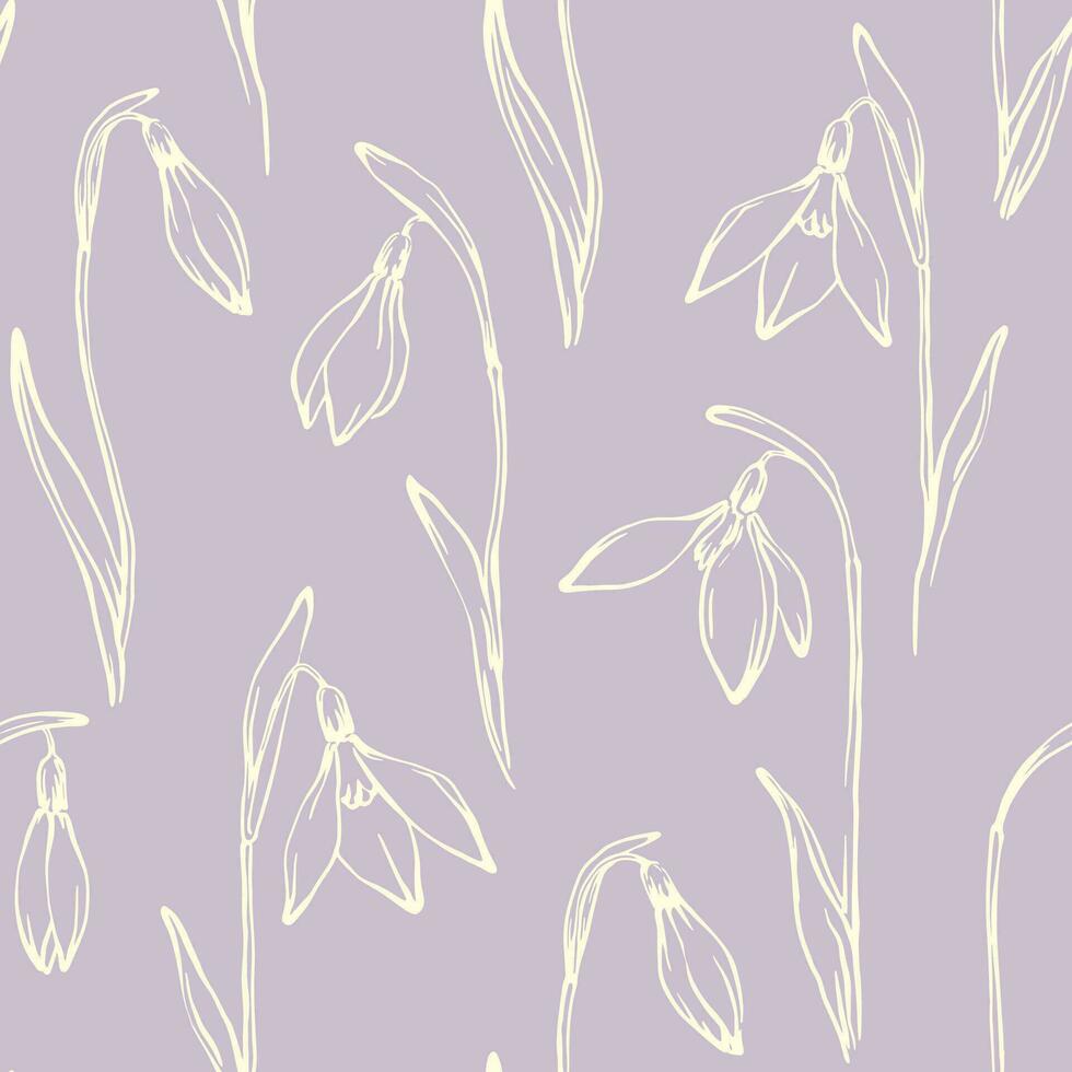 Snowdrops hand drawn seamless pattern. Line flowers drawings on light purple background. Spring floral print design for textile, wallpapers or wrapping. vector