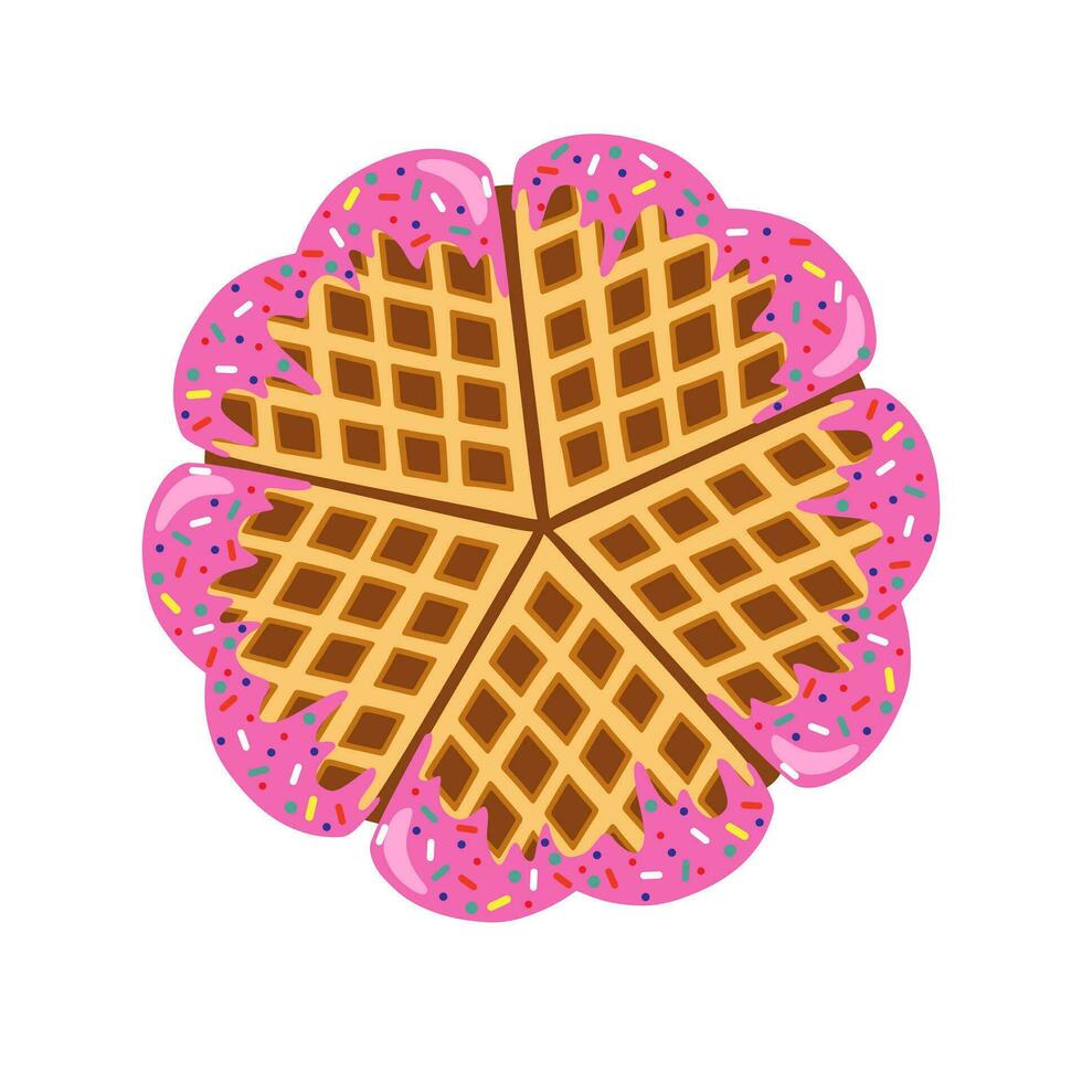 Waffles in the shape of a heart with strawberries pink glaze isolated on white background. vector