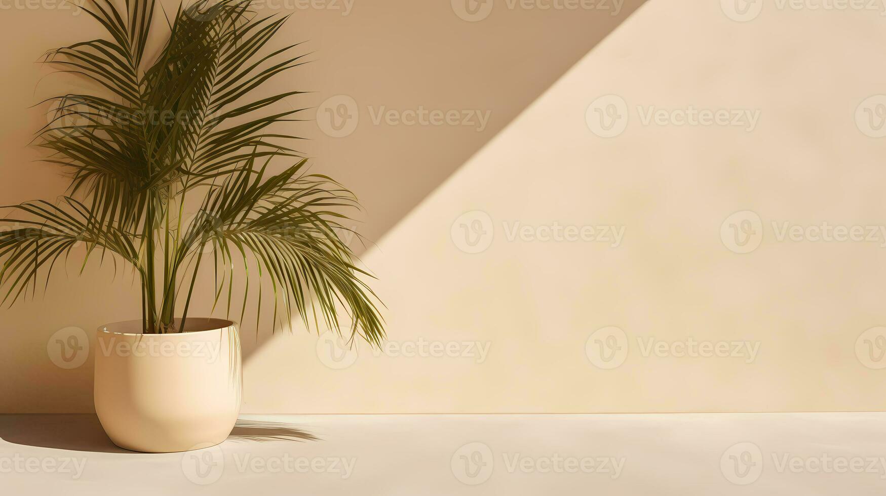 Blank beige wall with shadows of palm leaves and dappled sunlight. Minimal background for product display or product presentation. AI Generative photo