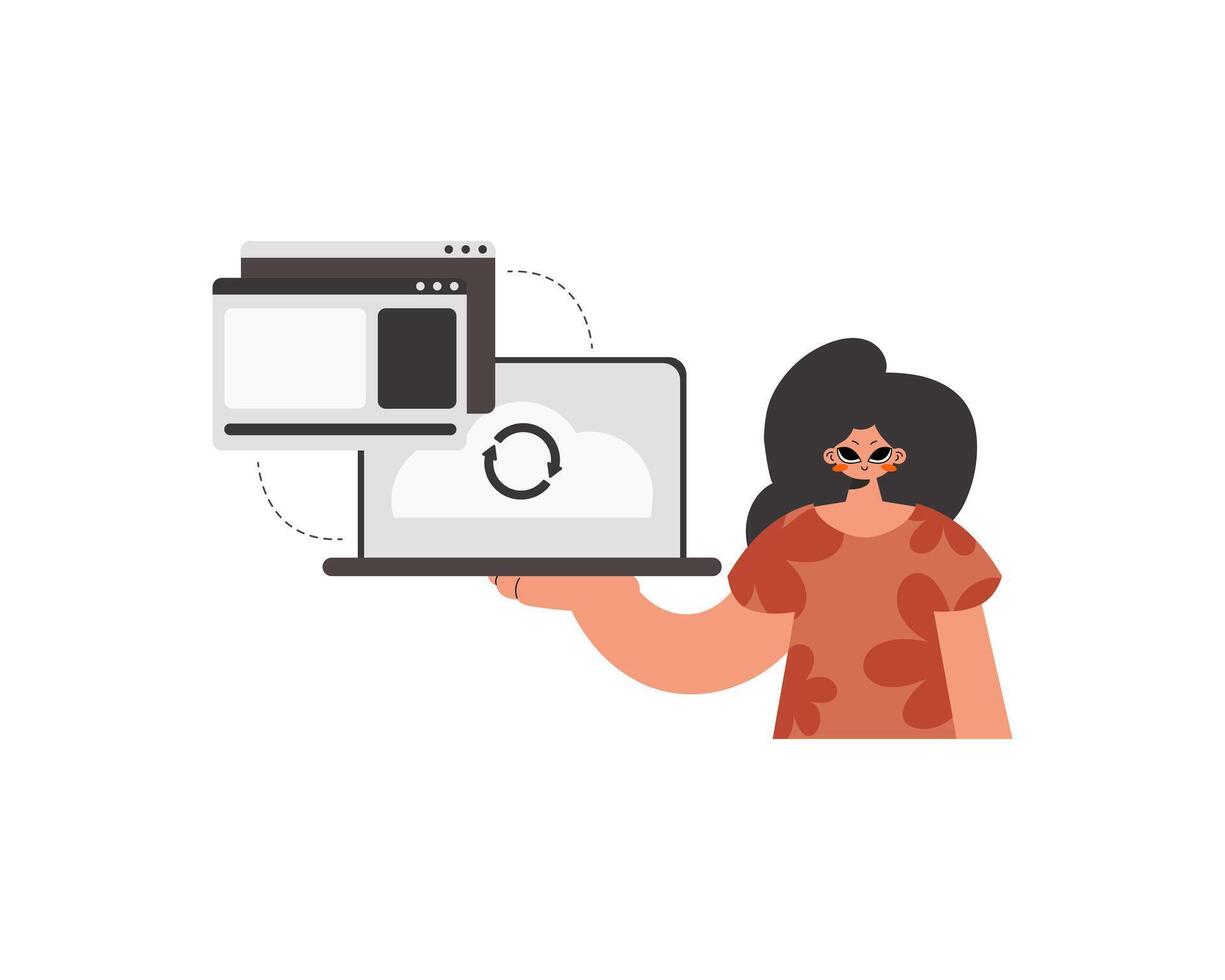 The energized woman is holding a tablet in which data is being synchronized. Isolated. Trendy style, Vector Illustration