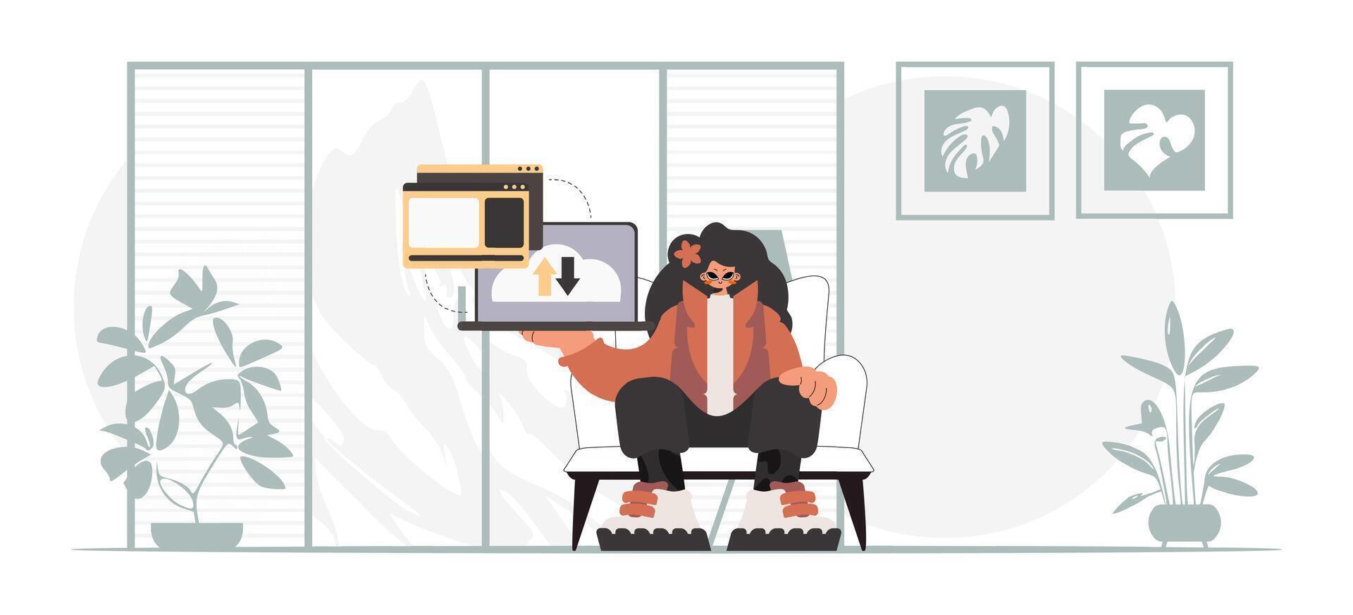 A woman sitting on a chair with a laptop vector