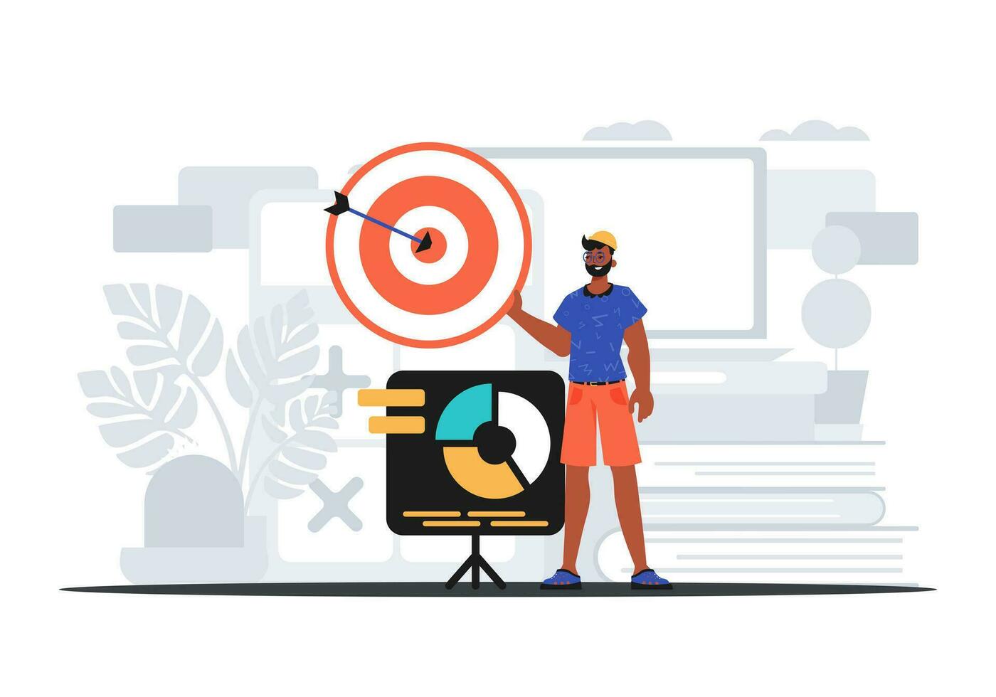 The Guy holds in his hand a target with arrow that hit the condense . digital overlay concept. Trendy style, Vector Illustration