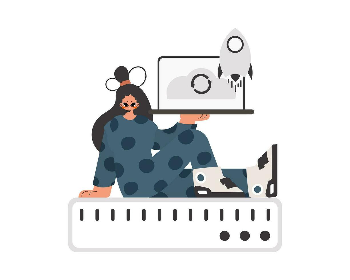 The overflowing woman is holding a obliging workstation, which is synchronized with the data capacity. Kept. Trendy style, Vector Illustration