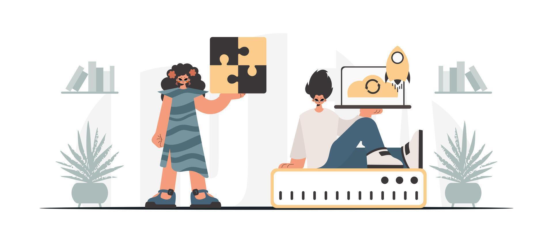 Two people are working on a computer together vector