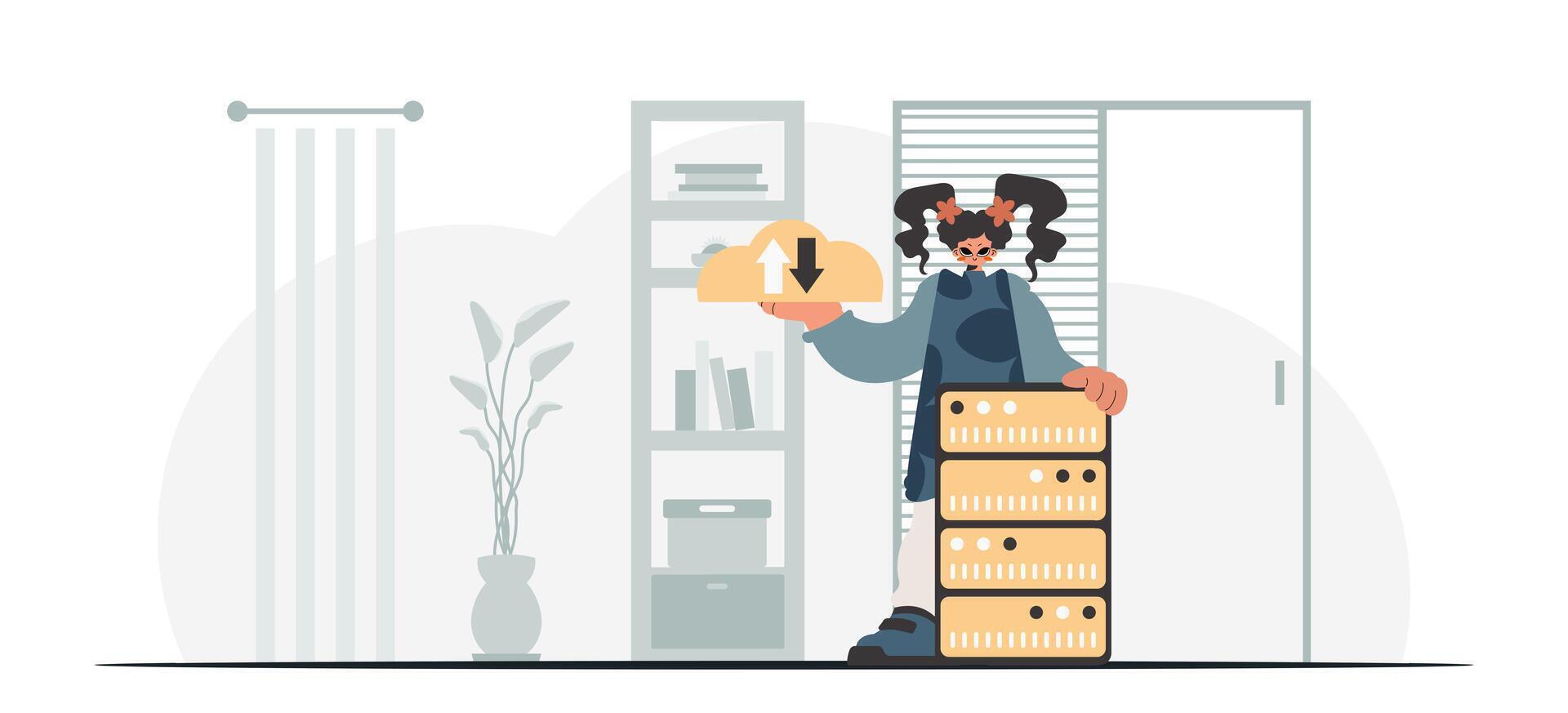 Synchronization and security of information capacity concept. The energetic lady is holding a information cloud and a server. Trendy style, Vector Illustration