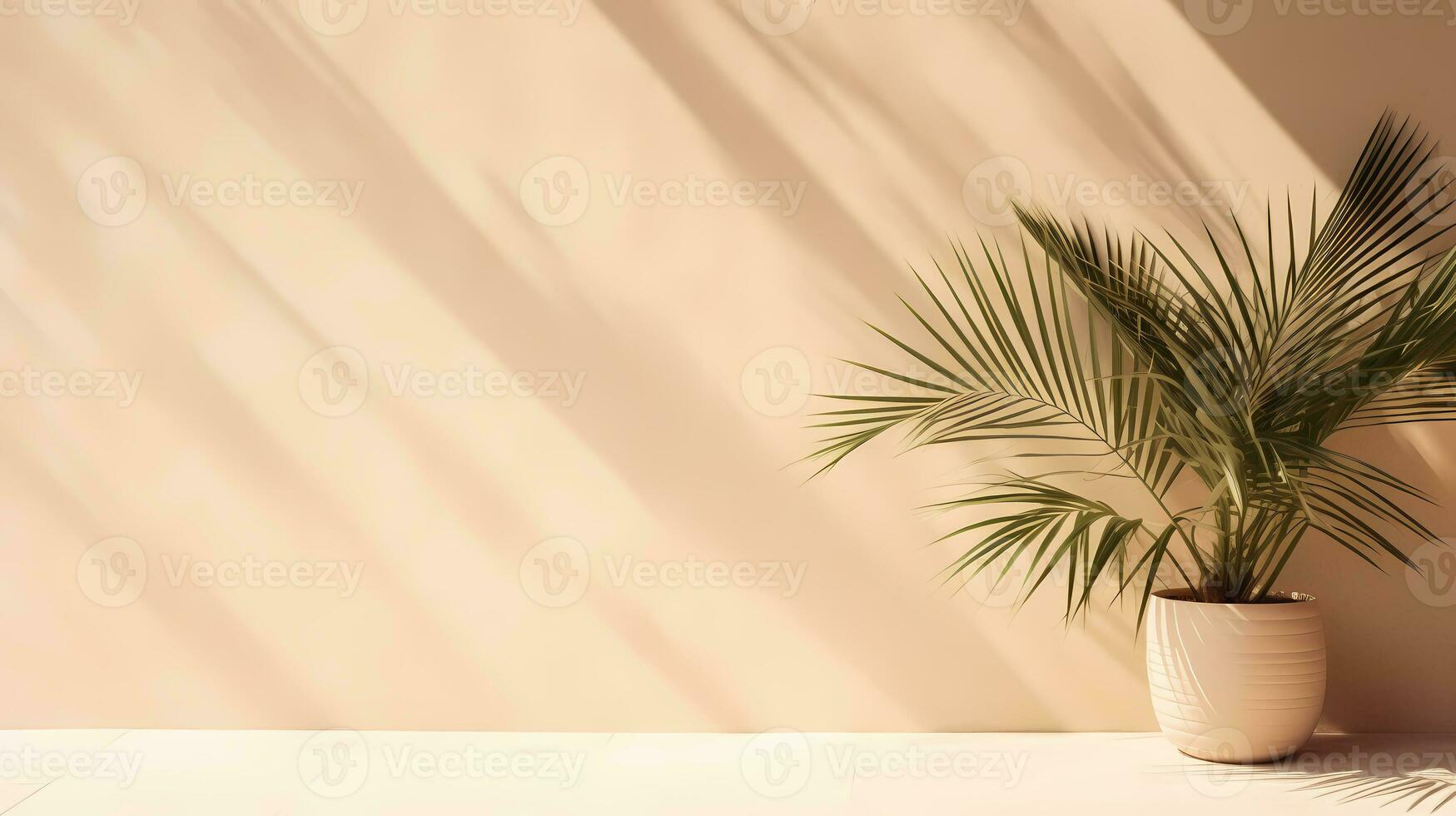 Blank beige wall with shadows of palm leaves and dappled sunlight. Minimal background for product display or product presentation. AI Generative photo