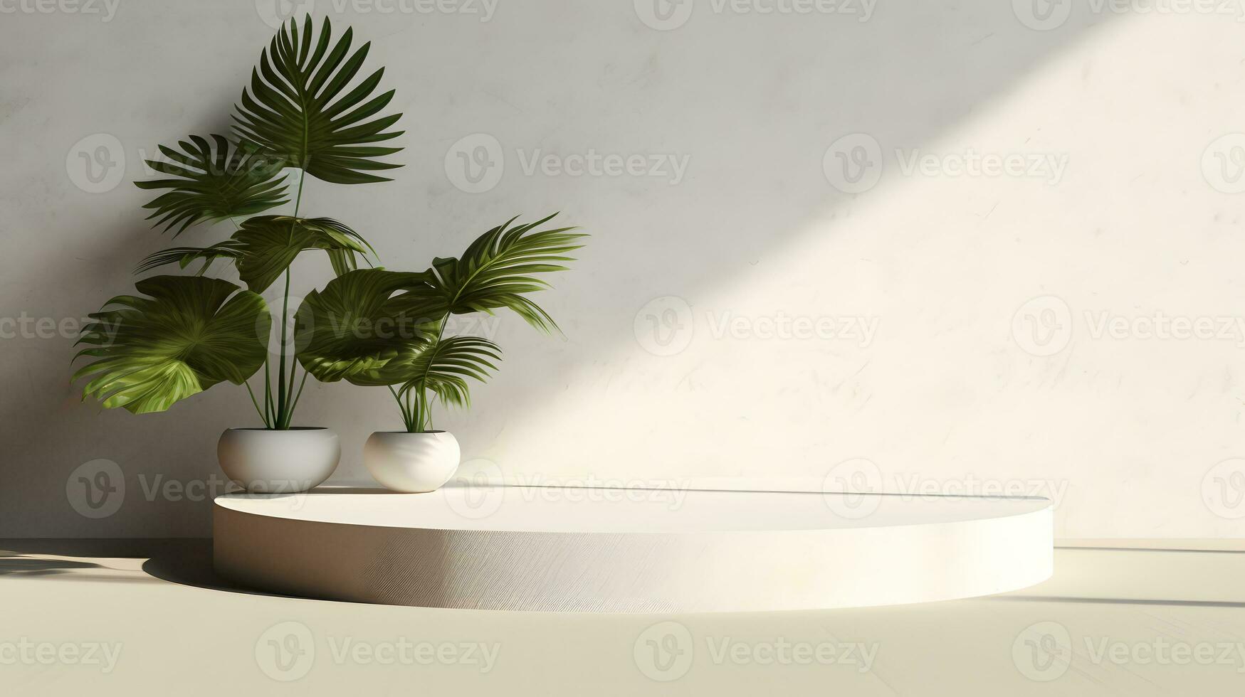 Blank beige wall with shadows of palm leaves and dappled sunlight. Minimal background for product display or product presentation. AI Generative photo