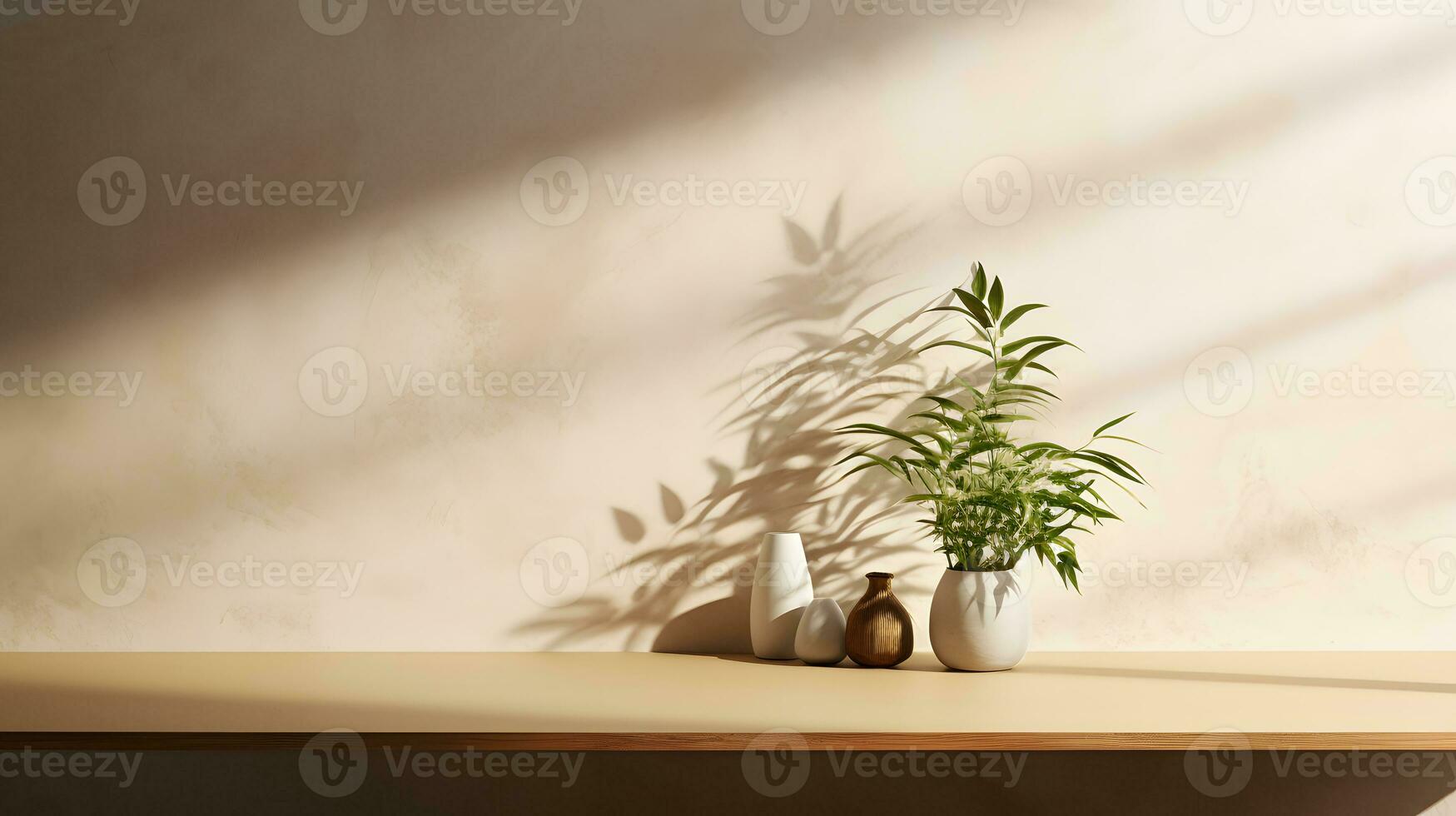 Minimal empty beige wall with counter table and plant on vase. Background scene for product display, product showcase, or product presentation. AI Generative photo
