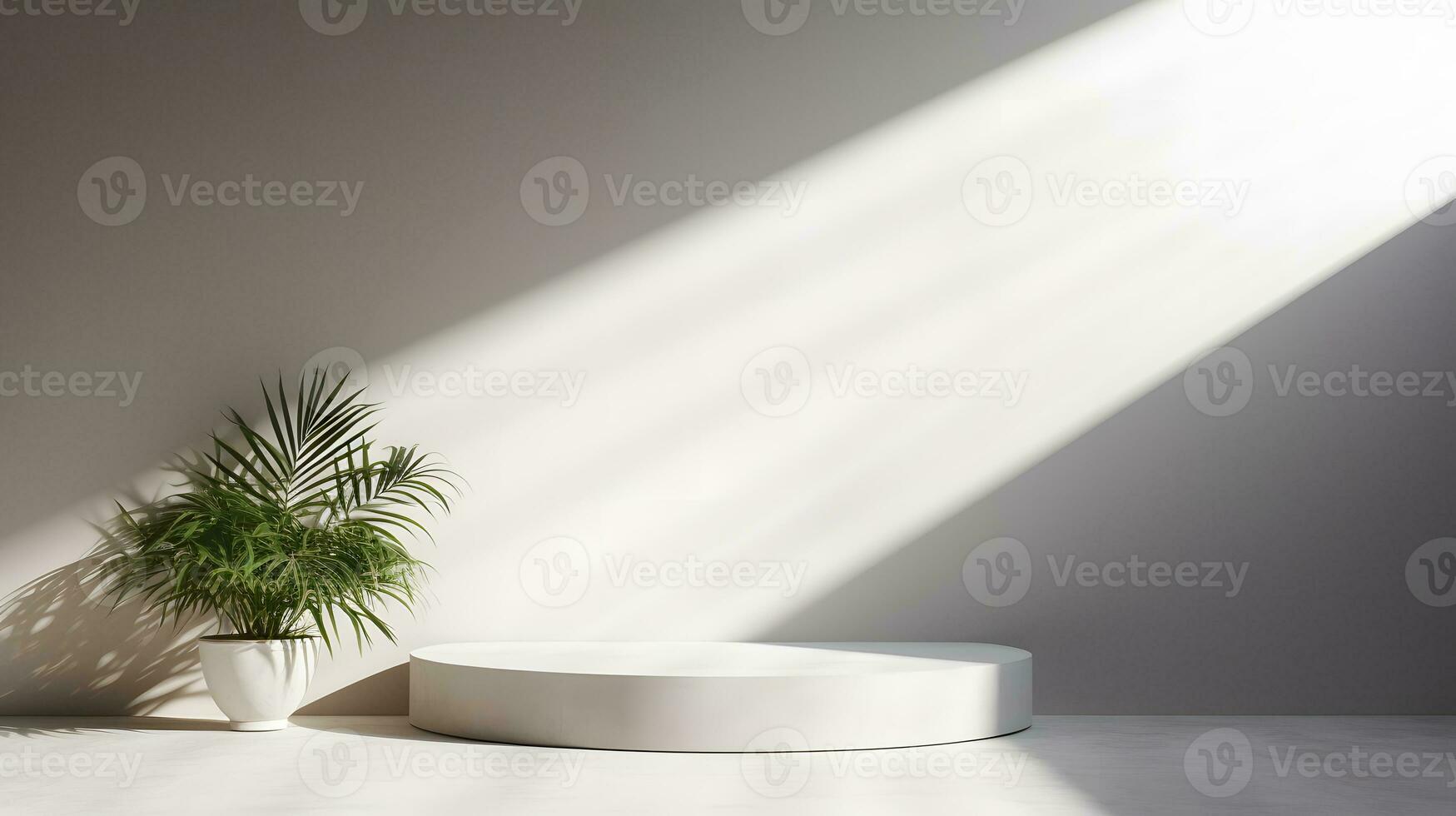 Blank white podium with white wall and plant. Background scene for product presentation. AI Generative photo