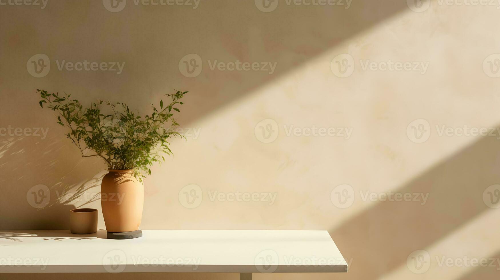 Minimal empty beige wall with counter table and plant on vase. Background scene for product display, product showcase, or product presentation. AI Generative photo