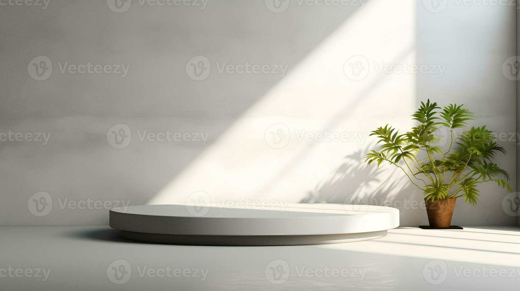 Blank white podium with white wall and plant. Background scene for product presentation. AI Generative photo