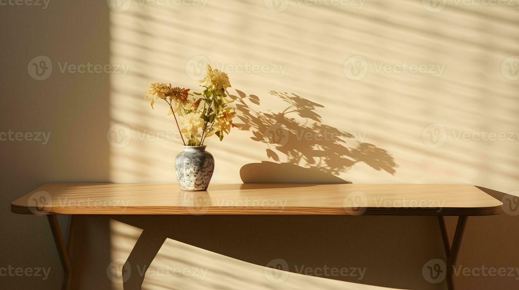 Minimal empty beige wall with counter table and plant on vase. Background scene for product display, product showcase, or product presentation. AI Generative photo