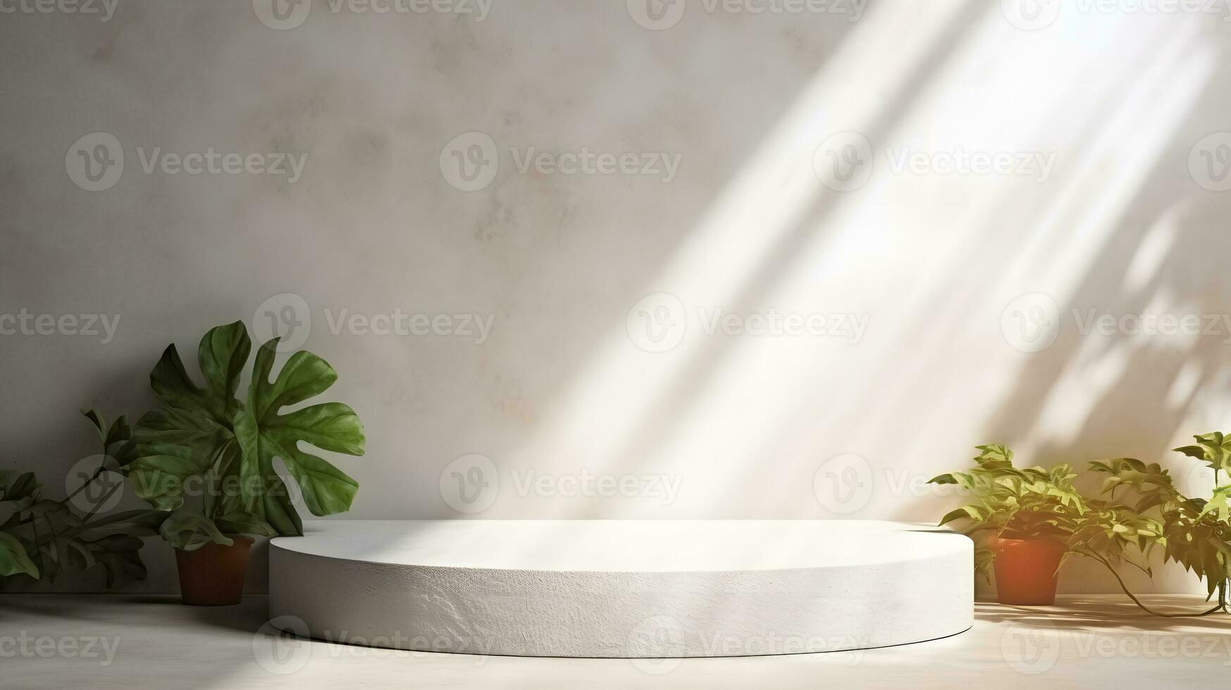 Blank white podium with white wall and plant. Background scene for product presentation. AI Generative photo