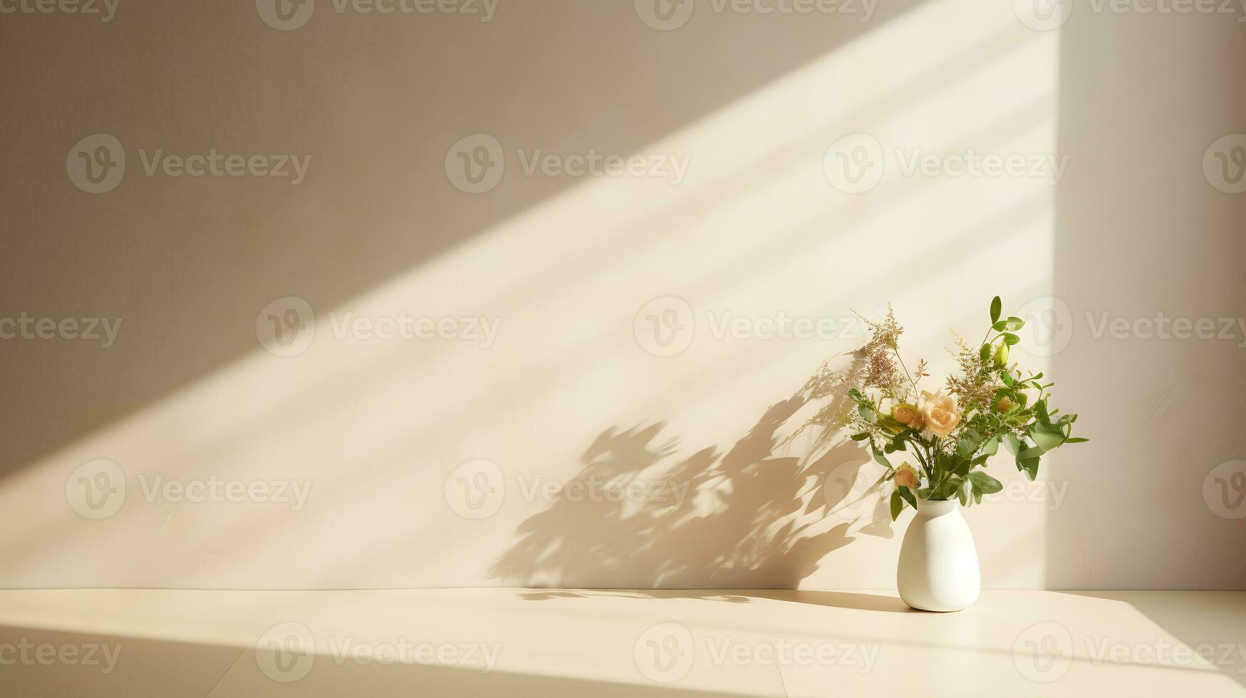 Minimal empty beige wall with counter table and plant on vase. Background scene for product display, product showcase, or product presentation. AI Generative photo