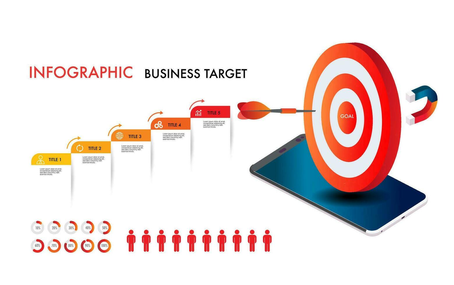 Infographic template chart target and magnetic for project and planning modern timeline, roadmap, stages, step reach to target vector