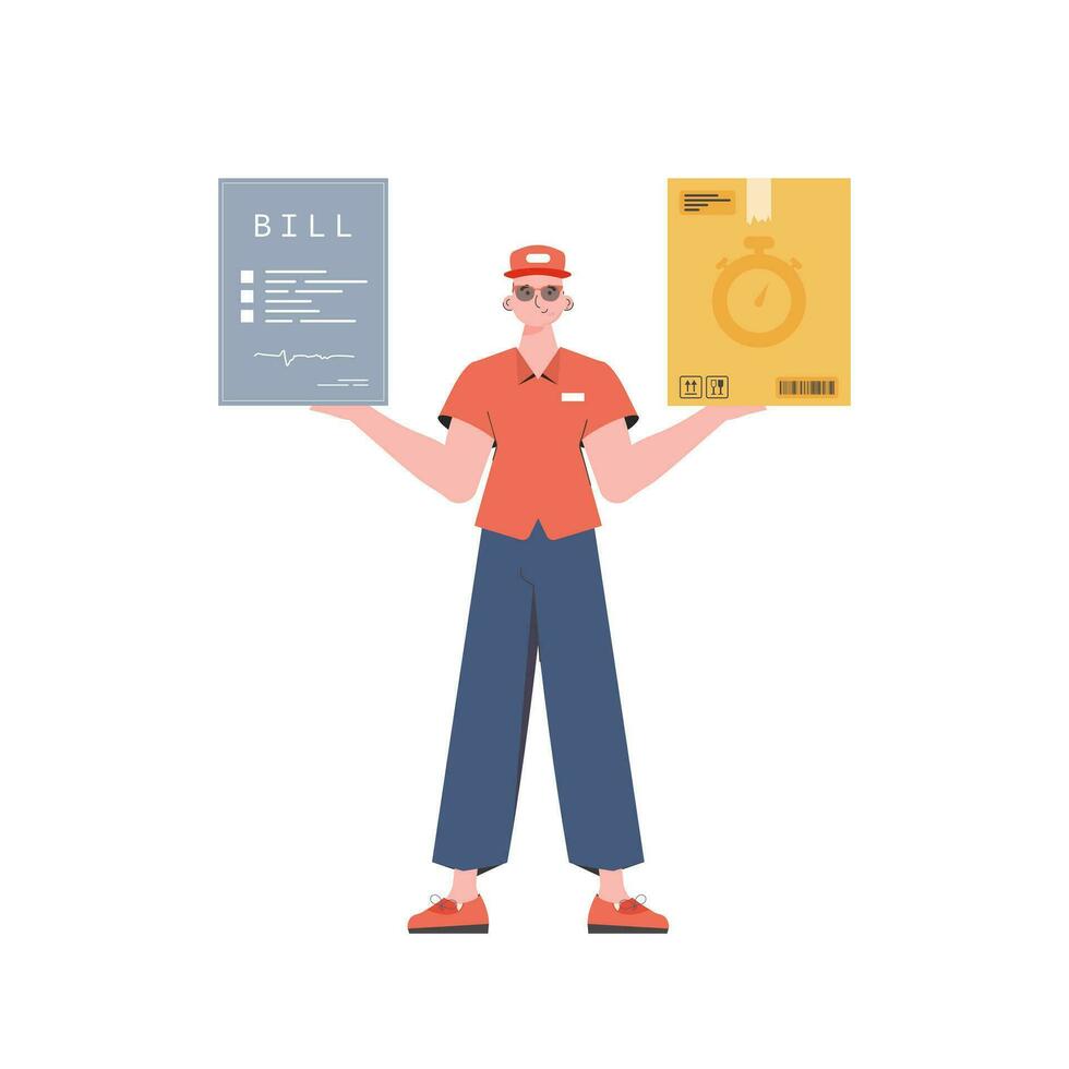 Male courier holds parcel and check. Home products. Food delivery. Isolated. Cartoon style. Vector. vector