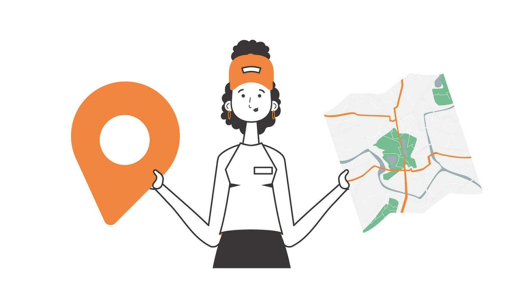 Girl with a map in her hands. Delivery concept. Lineart style. Isolated, vector illustration.