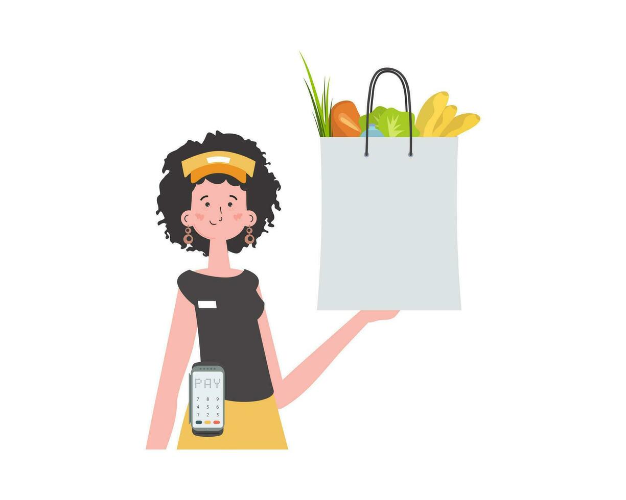 A woman delivers a package of products. Home delivery concept. Isolated. Cartoon style. Vector. vector