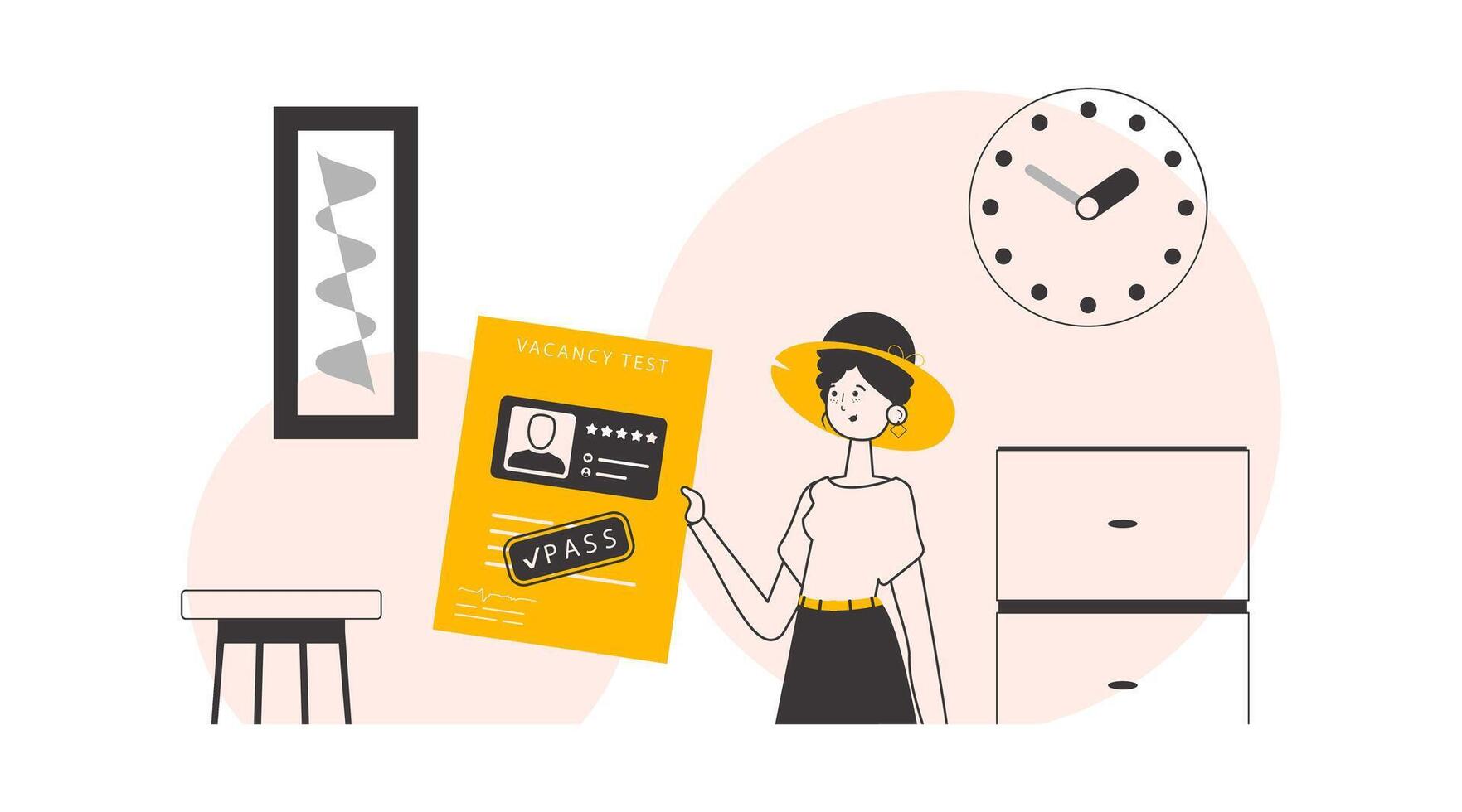 The woman passed the job test. Modern linear style. illustration. vector