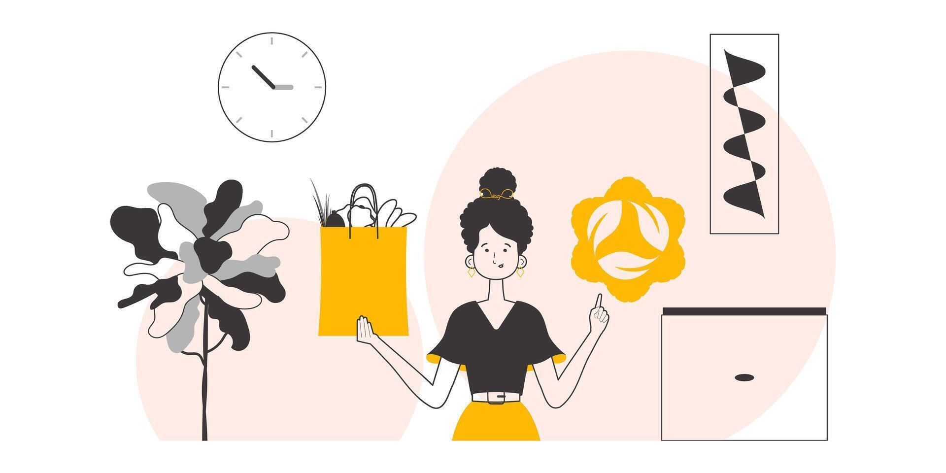 The concept of reasonable consumption. Woman, package with products and eco logo. Linear trendy style. vector