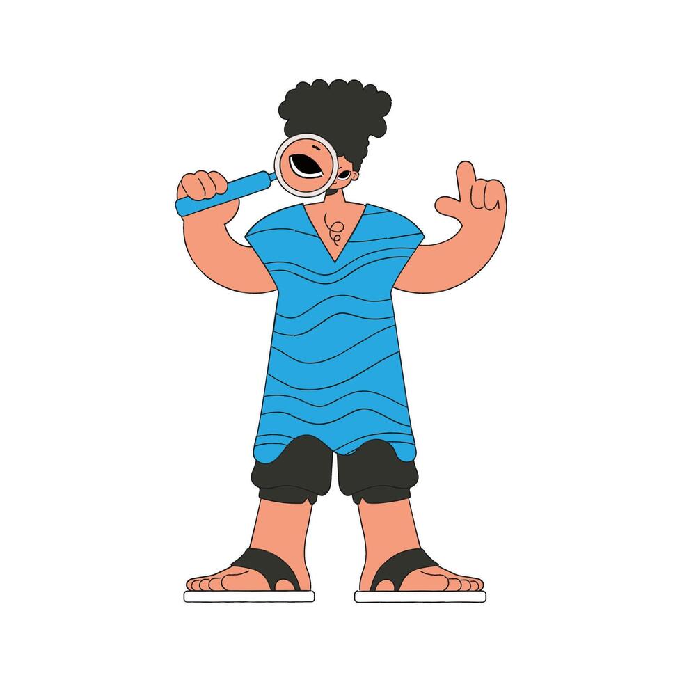The man is holding a magnifying glass. Search for the necessary information on the Internet. Linear retro style character. vector