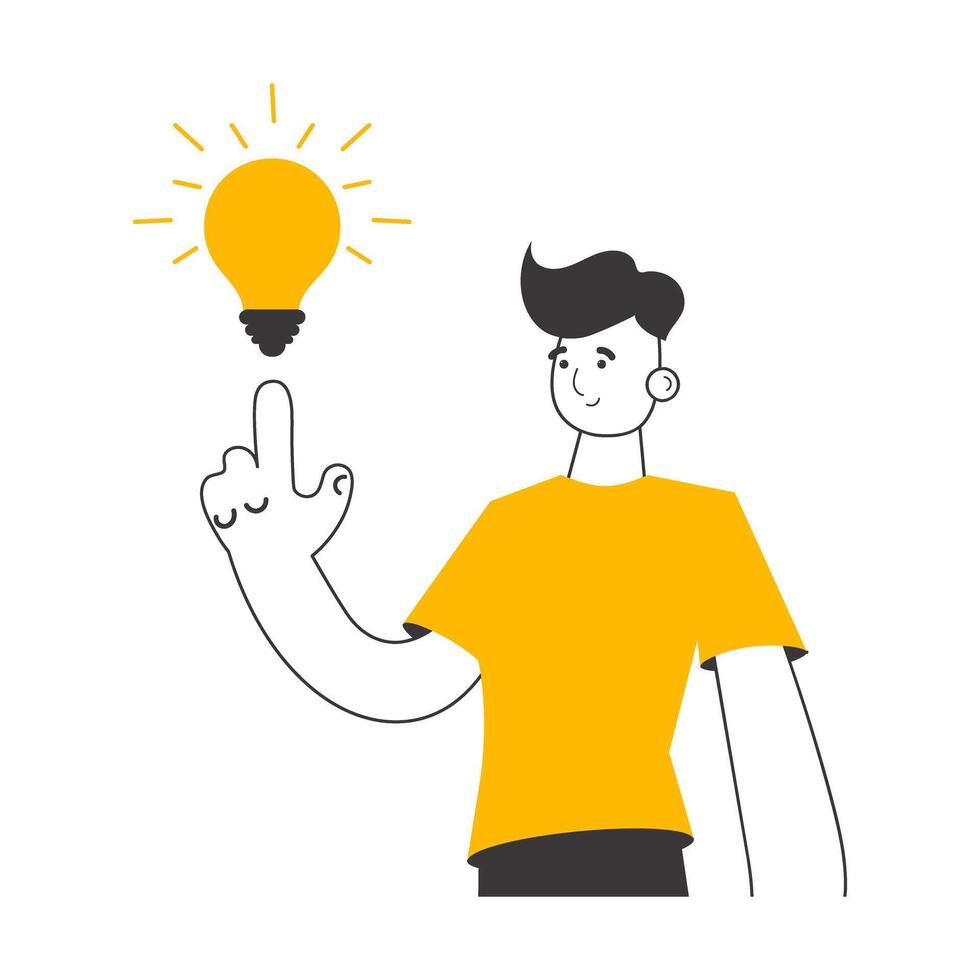 Man and light bulb. Idea concept. Vector. Isolated on white background. Line art style. vector