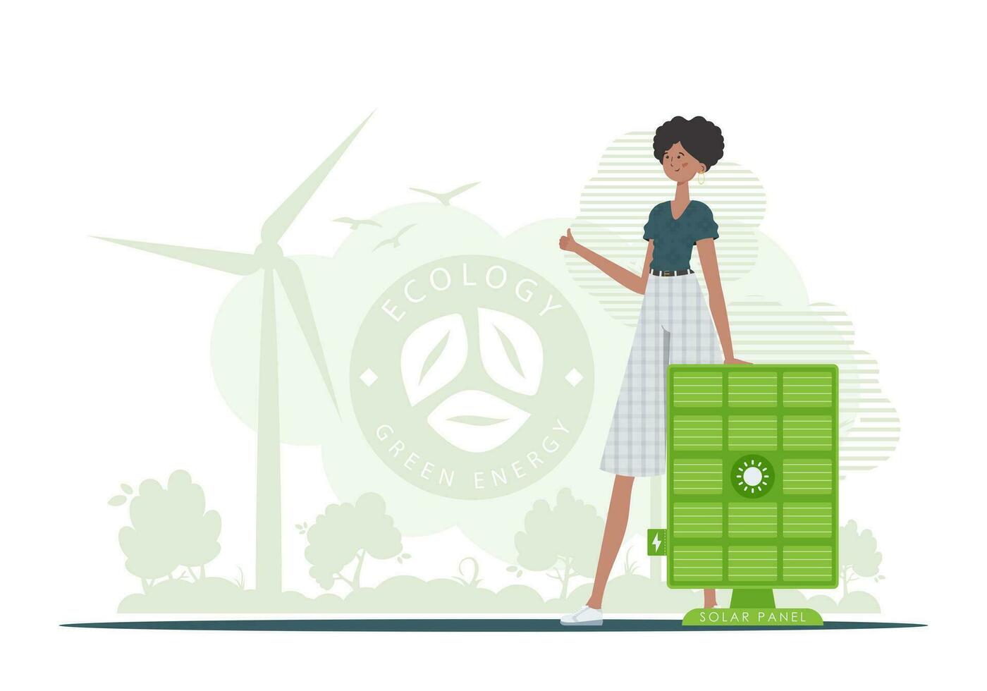 Green energy concept. The girl is standing near the solar panel. Vector. trendy style. vector
