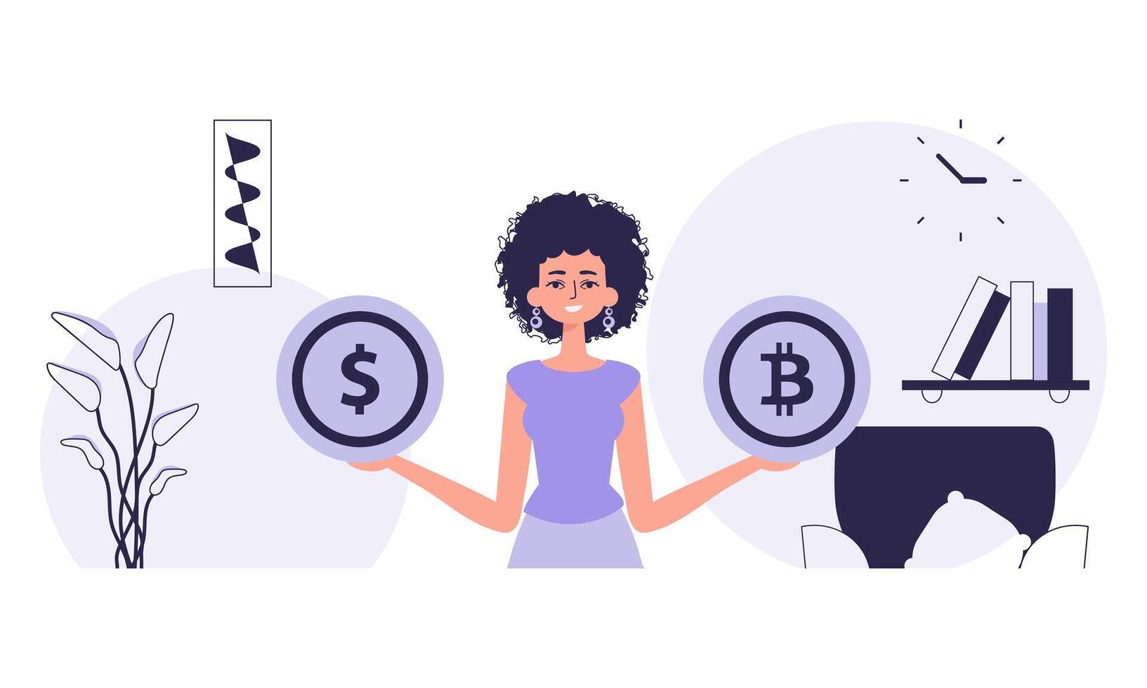 Bitcoin mining concept. A woman holds a bitcoin and a dollar in her hands. Character with a modern style. vector