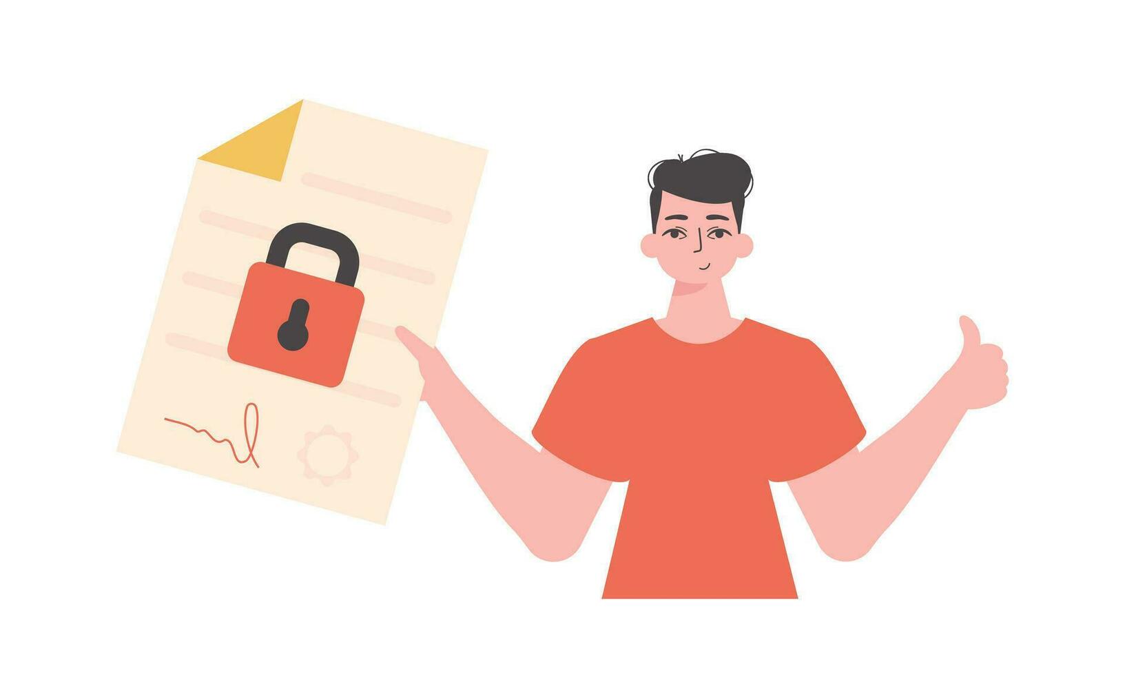 A man is holding a contract or document. Smart contract. Data protection. Modern style character. vector