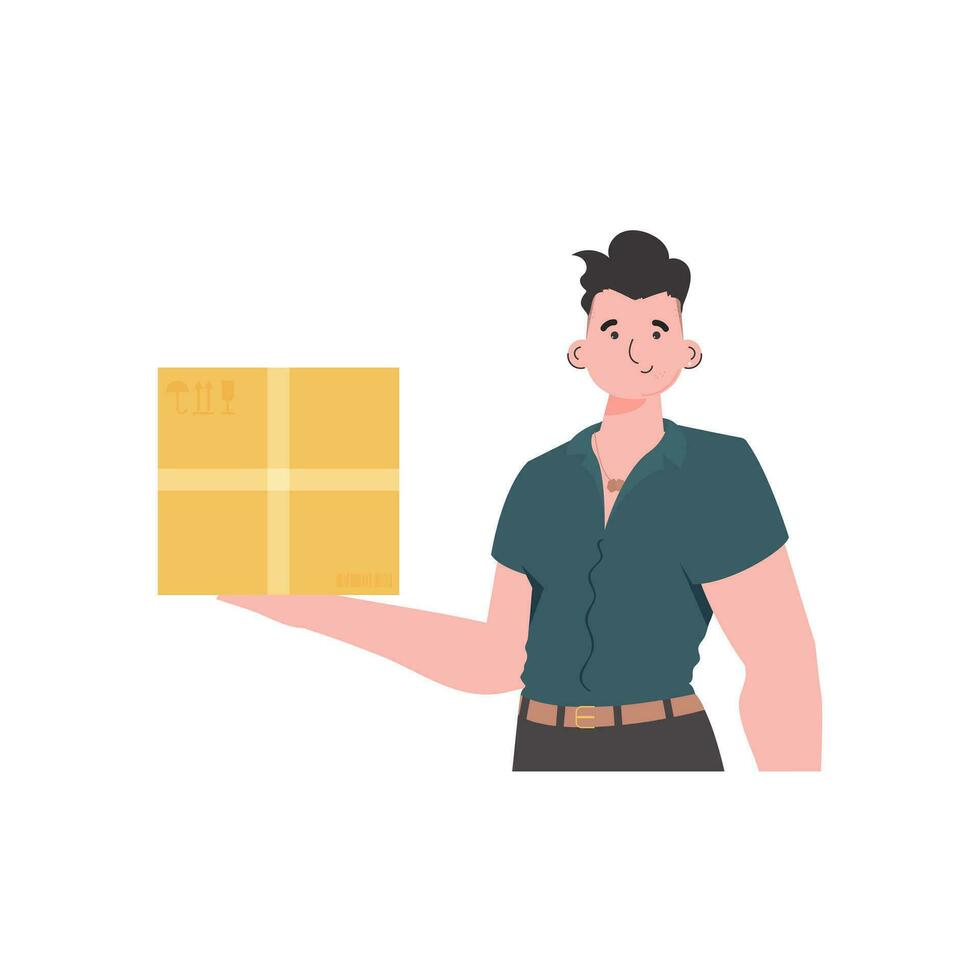 The man is depicted waist-deep and holding a parcel in his hands. Delivery concept. Isolated. Vector illustration.