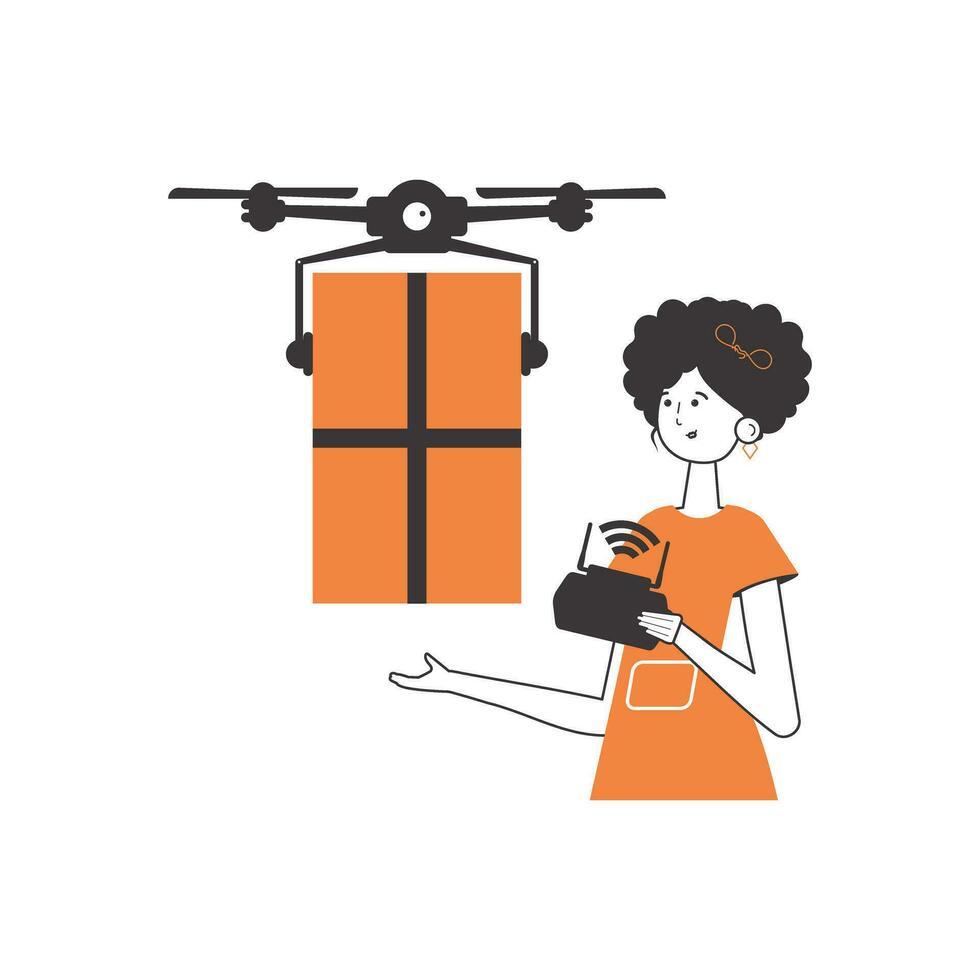 The girl delivers the package by drone. The concept of cargo delivery by air. Linear modern style. Isolated on white background. Vector illustration.