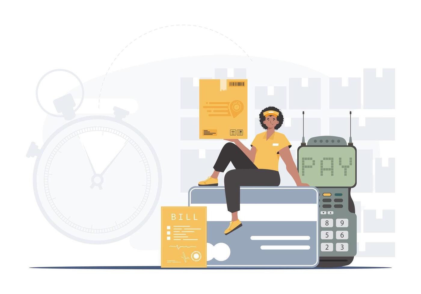 Home delivery concept. A male courier sits on a bank card and holds a parcel. Trendy flat style. . vector