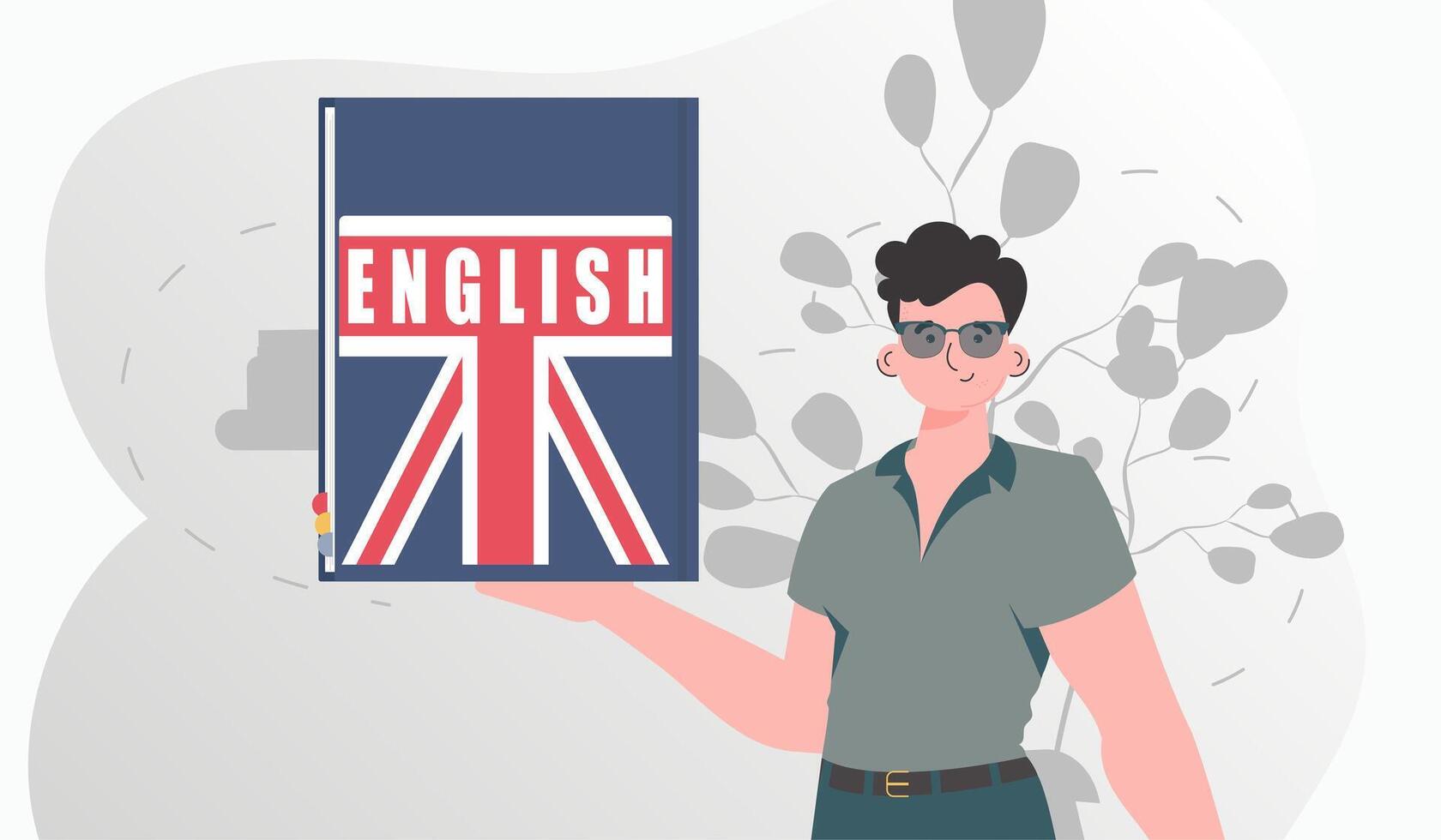 The concept of learning English. A man holds an English dictionary in his hands. Flat modern style. . vector