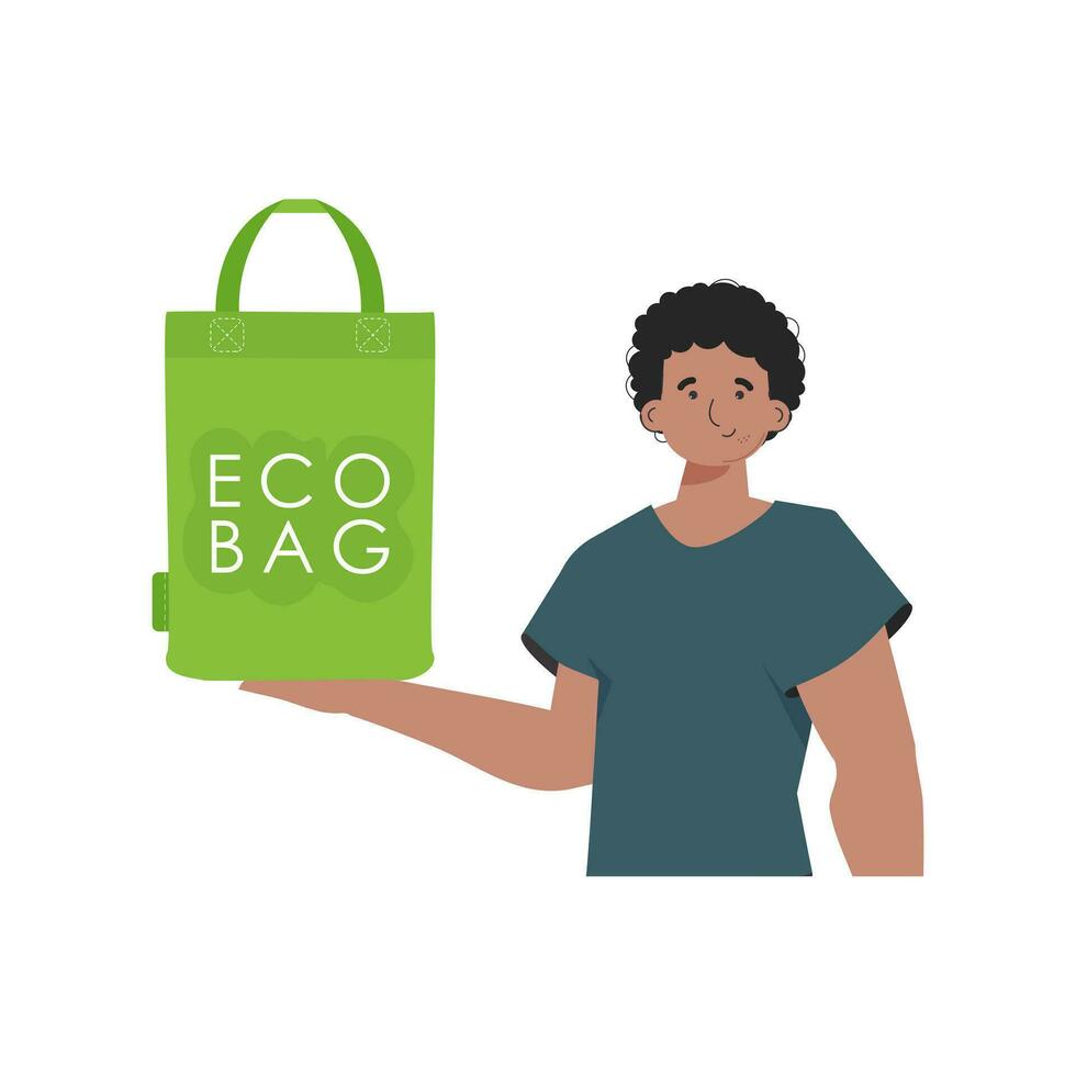 un hombre sostiene un eco bolso en su manos. concepto de verde mundo y ecología. aislado en blanco antecedentes. tendencia estilo.vector ilustración. vector