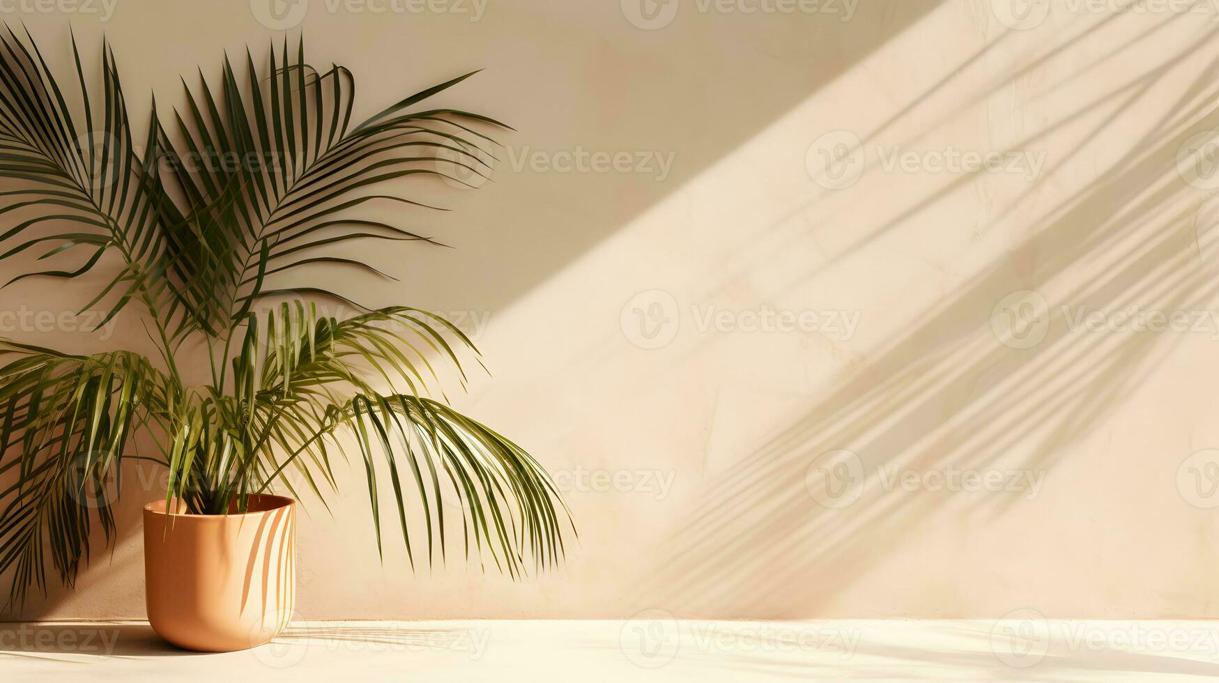 Blank beige wall with shadows of palm leaves and dappled sunlight. Minimal background for product display or product presentation. AI Generative photo