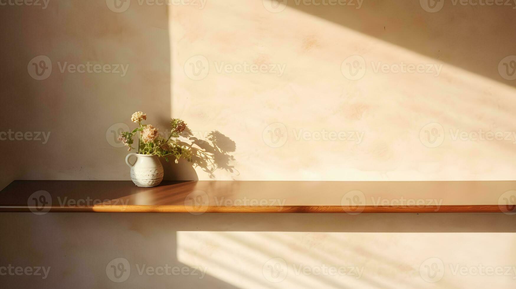 Minimal empty beige wall with counter table and plant on vase. Background scene for product display, product showcase, or product presentation. AI Generative photo