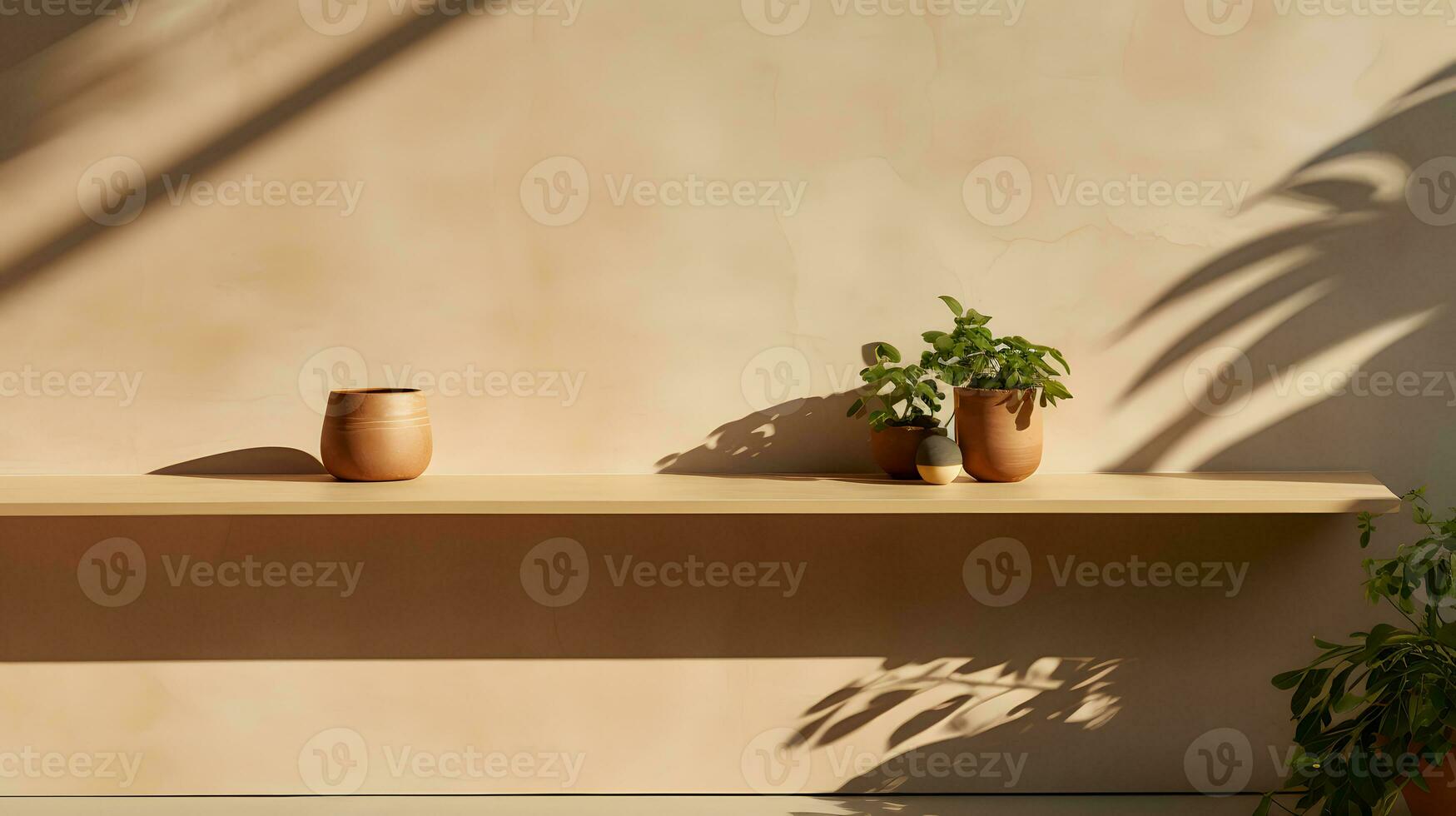 Minimal empty beige wall with counter table and plant on vase. Background scene for product display, product showcase, or product presentation. AI Generative photo