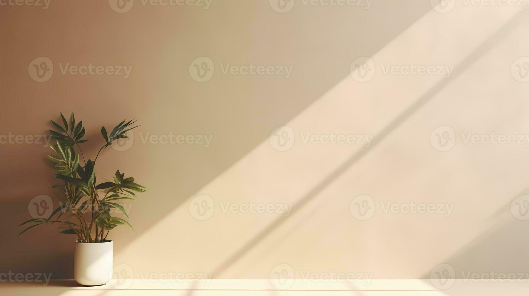 Minimal empty beige wall with counter table and plant on vase. Background scene for product display, product showcase, or product presentation. AI Generative photo