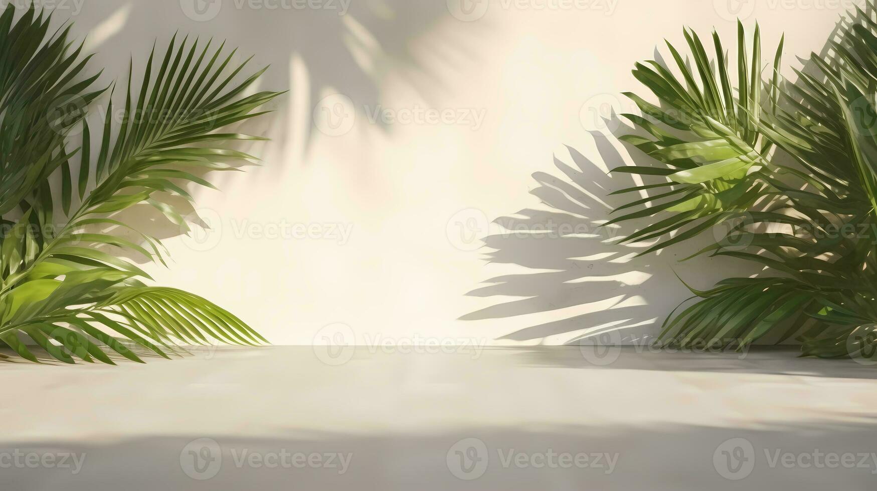 Blank beige wall with shadows of palm leaves and dappled sunlight. Minimal background for product display or product presentation. AI Generative photo