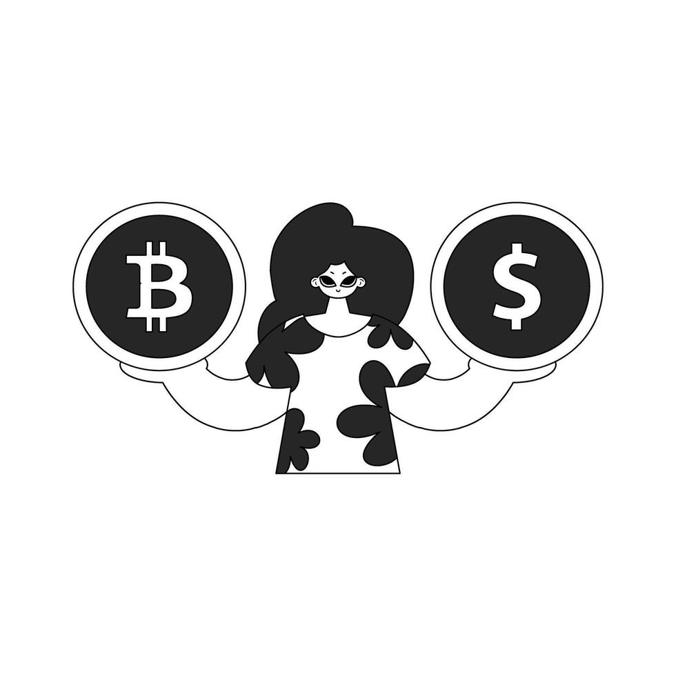 A unique woman is holding a bitcoin and dollar coin. Linear black and white style. vector