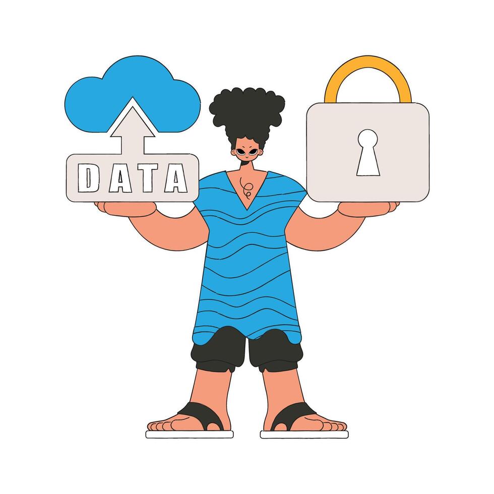 Person with cloud storage and a lock to protect data. vector