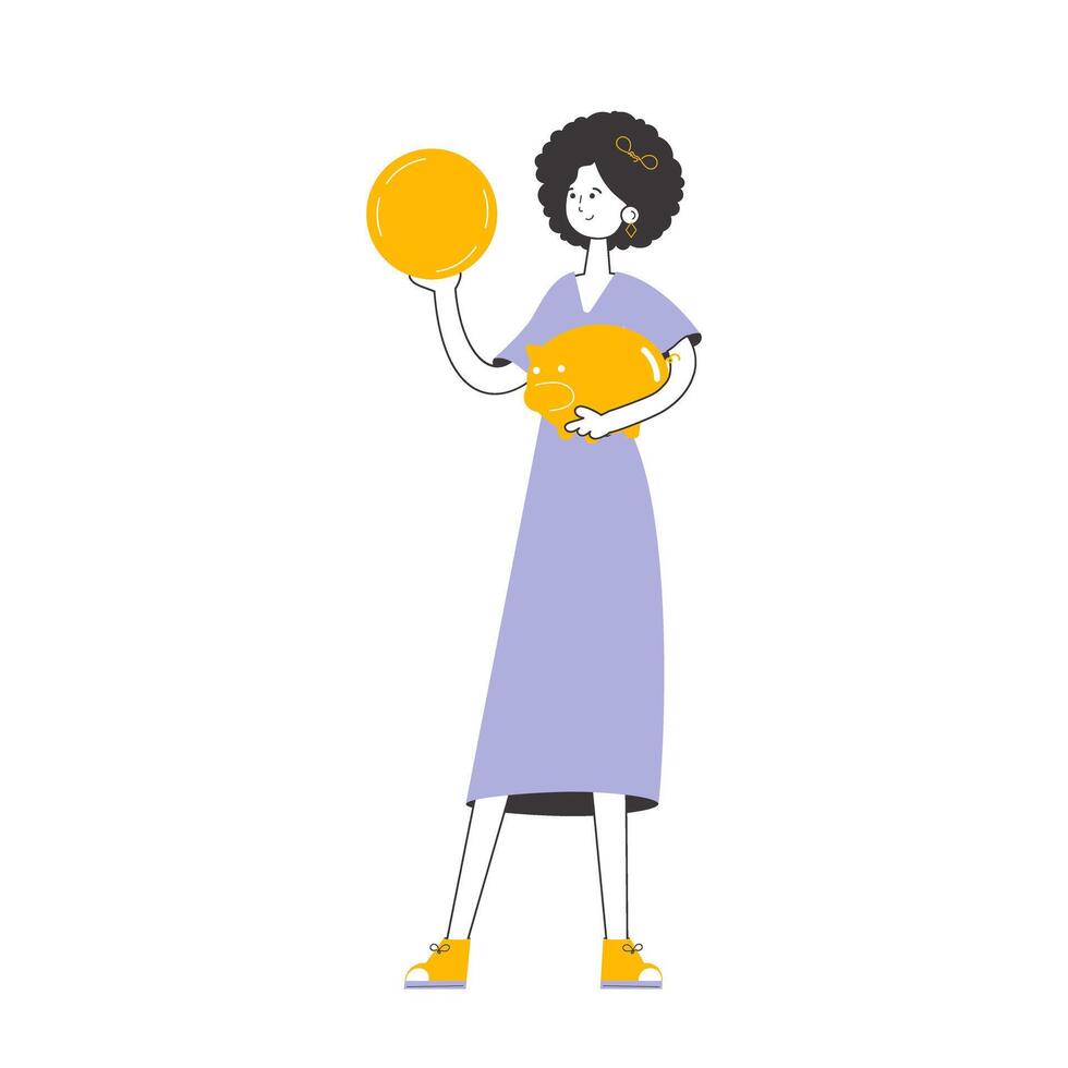 The girl is holding a coin and a piggy bank in her hands. The theme of saving money. Linear trendy style. Isolated. Vector. vector