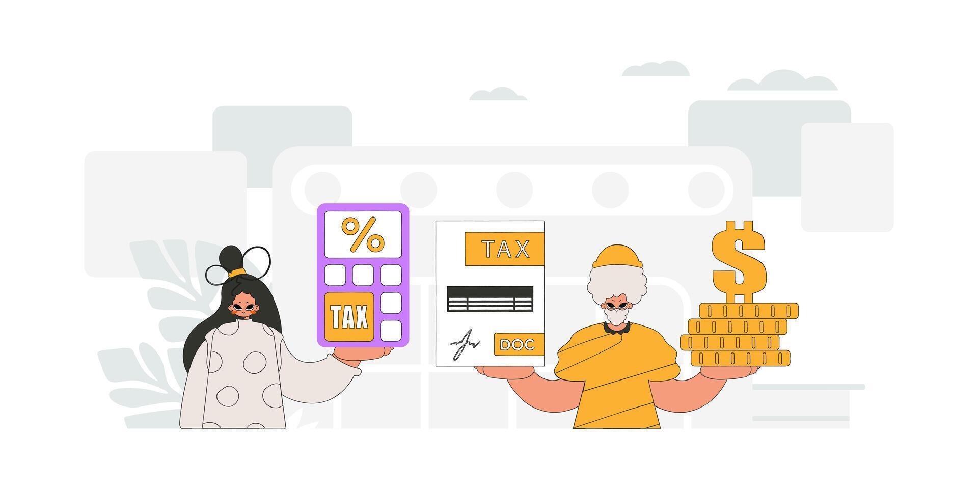 Fashionable girl and guy demonstrate paying taxes. An illustration demonstrating the correct payment of taxes. vector