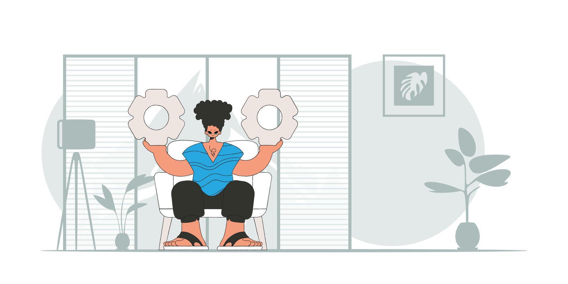 Presentable guy holding gears. Idea concept. trendy character. vector
