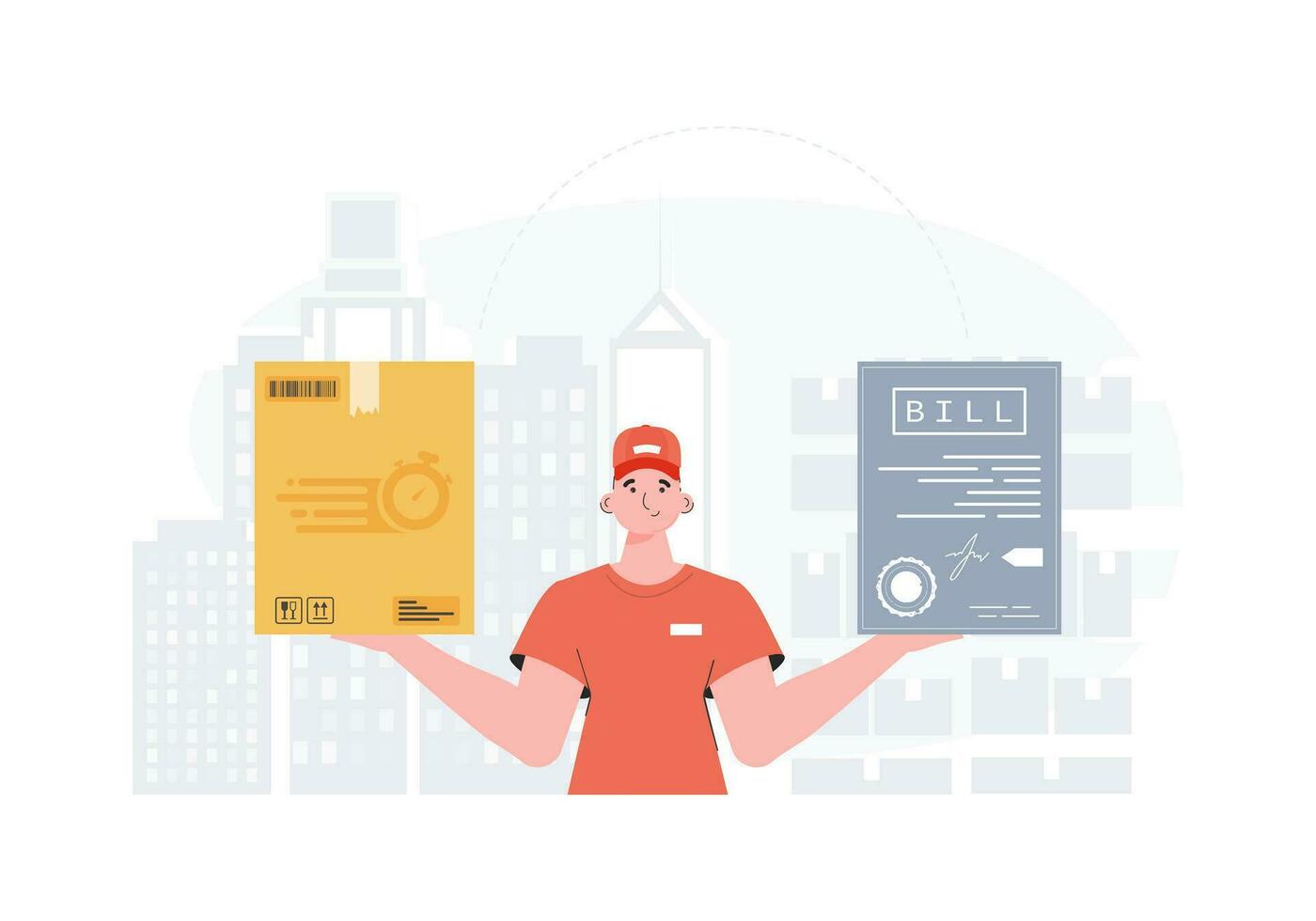 Home delivery concept. Male courier holds parcel and check. Cartoon style. Vector. vector